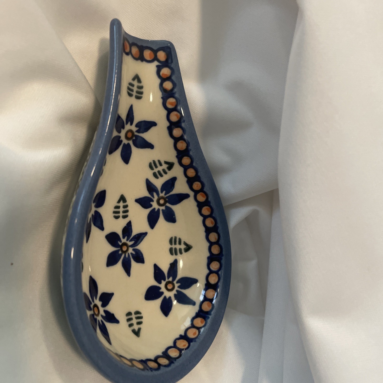 Wiza Boleslawiec Ceramic Spoon Rest Polish Pottery Hand Made Painted Blue Flower