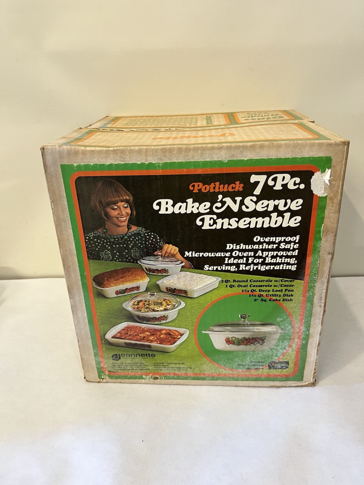 Vintage NOS In Box Jeanette Glasbake Ovenware 7 Piece Set Vegetable Medley 