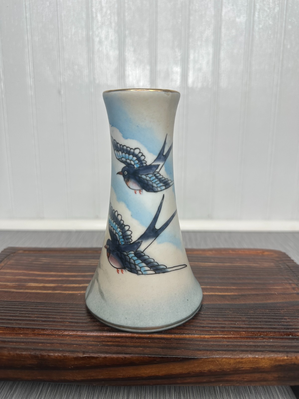 Vintage Ceramic Hat Pin Holder Swallow Bird Blue Sky Gold Trim Unmarked Rare