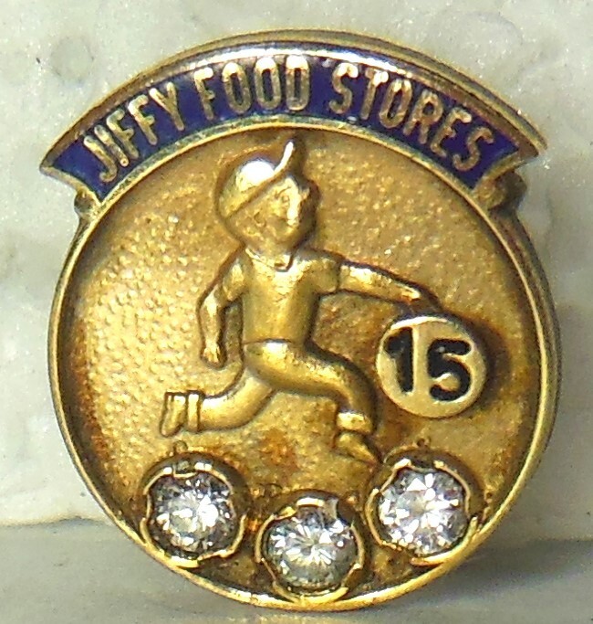 JIFFY FOOD STORES Co. employee service award advertising tie pin with real 💎's
