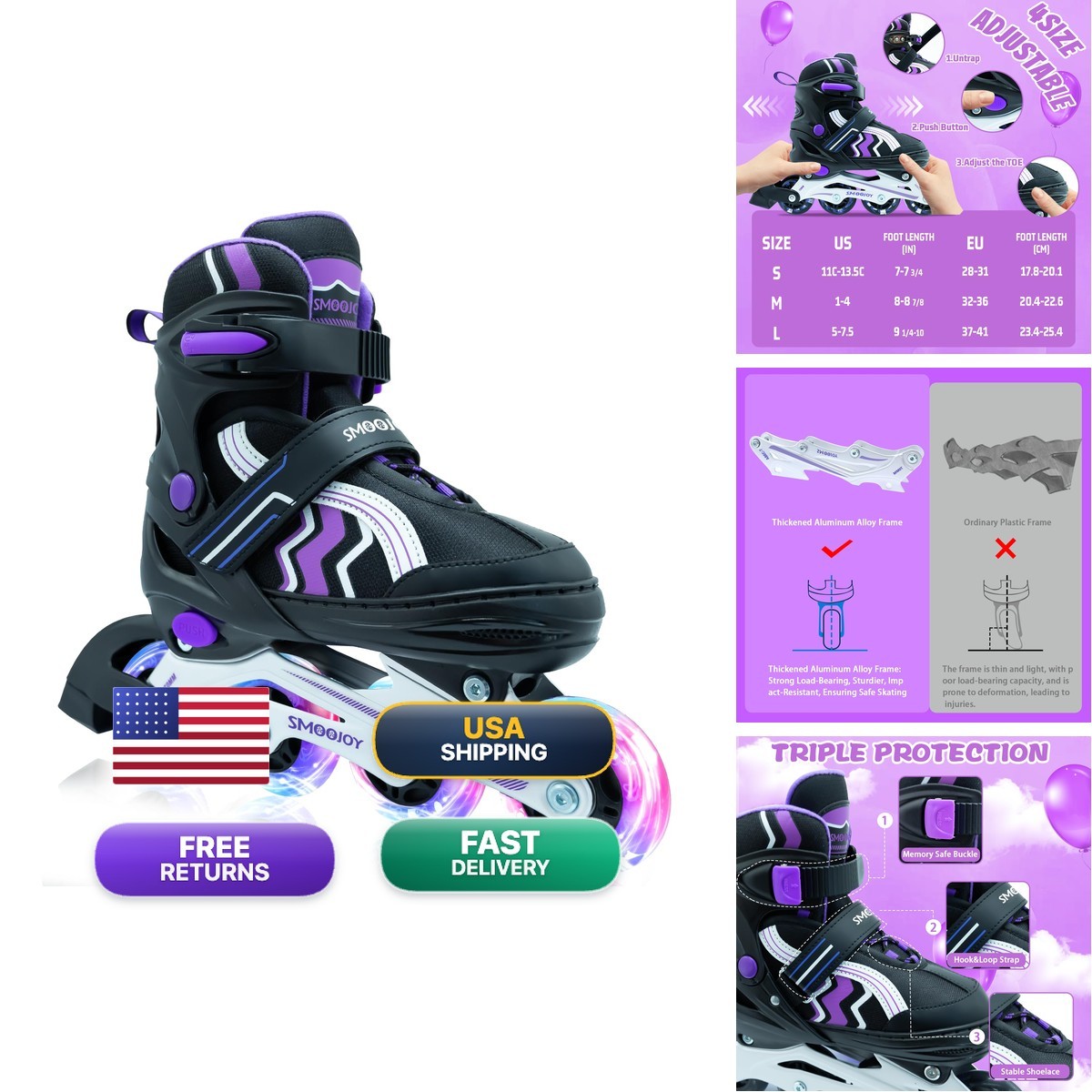 SMOOJOY Inline Skates for Kids Light-Up Wheels Aluminum Frame Black Purple S M