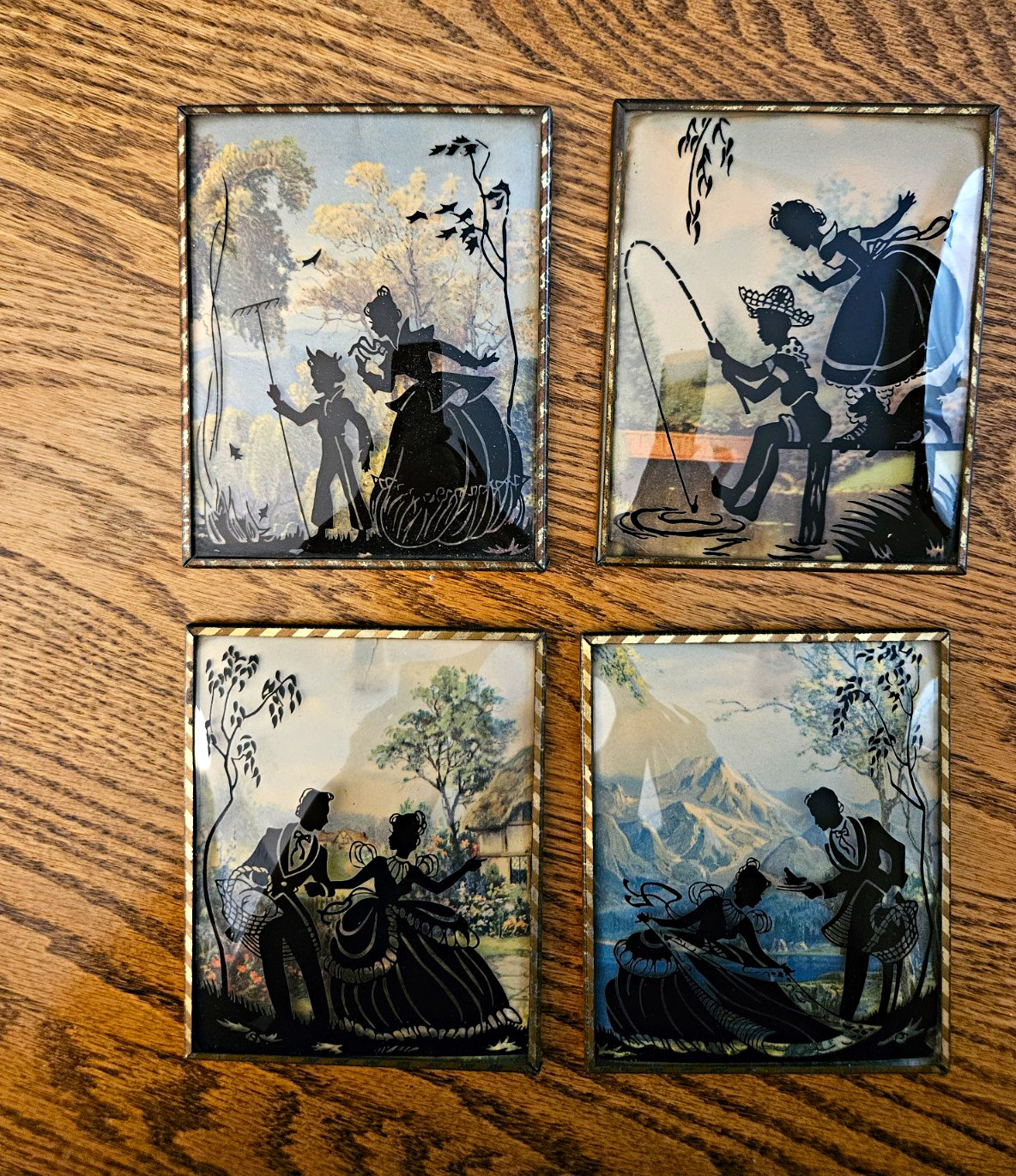 Set of 4 Vintage-Style Framed Silhouette Couple Glass Tiles, Metal Frames Set of 4 Vintage-Style Framed Silhouette Couple Glass Tiles, Metal Frames