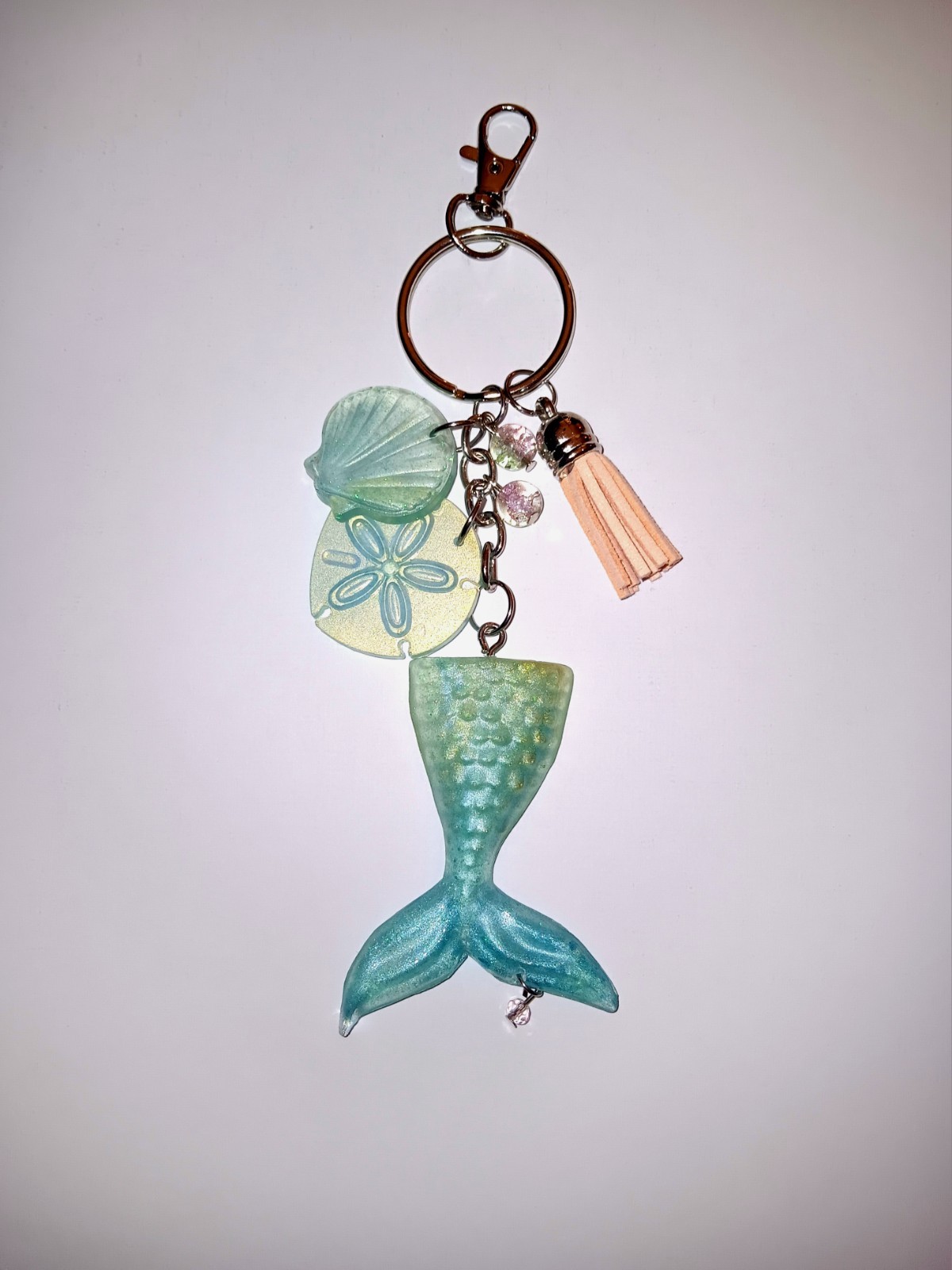 Resin Mermaid Tail Sea Shell Sand Dollar Keychain with Tassel,  Beach Handmade 