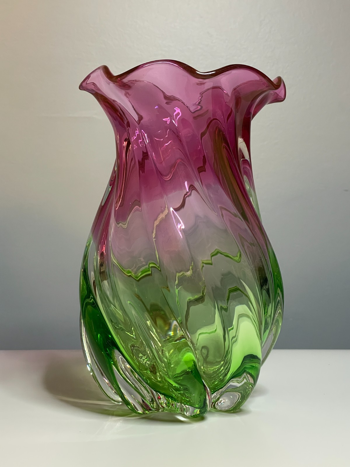 Vintage Teleflora Watermelon Heavy Art Glass Vase Wavy Ruffled Fluted Edge