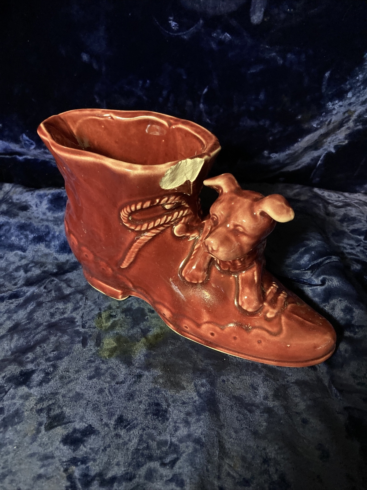 Vintage Ceramic USA Pottery Burgundy Boot / Shoe with Puppy Vase/Planter