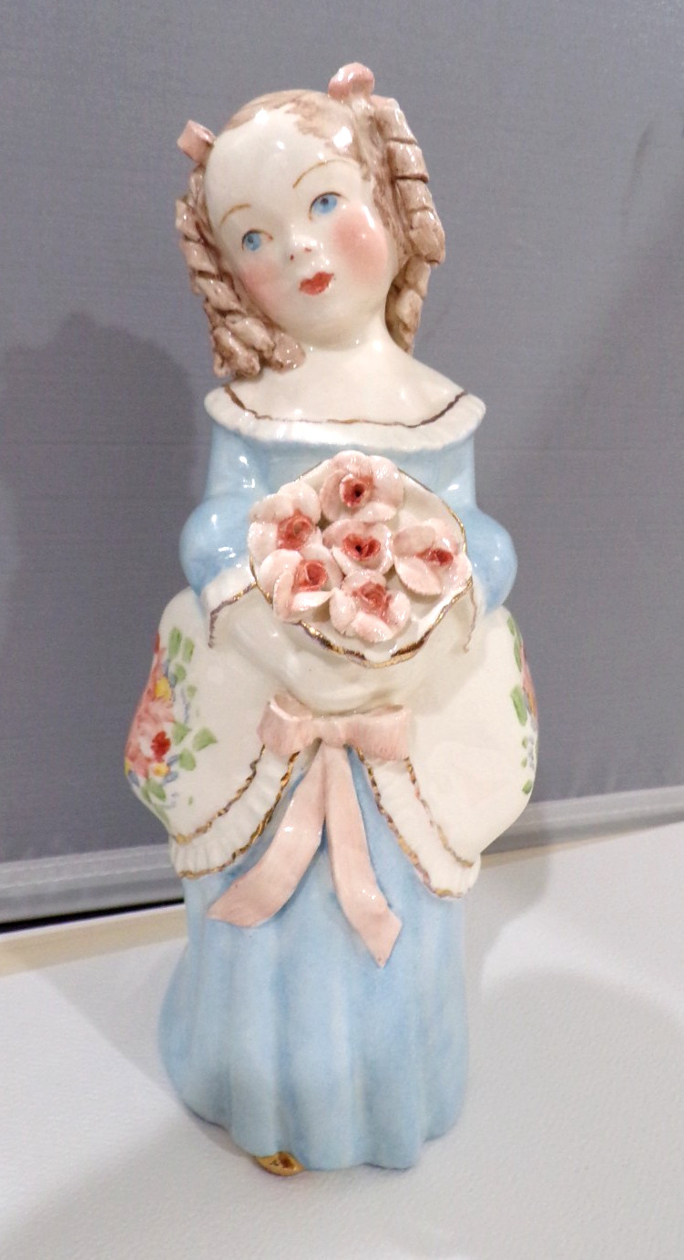 Porcelain Victorian Girl Figure Holding Bouquet w/ Ringlet Hair Porcelain Victorian Girl Figure Holding Bouquet w/ Ringlet Hair