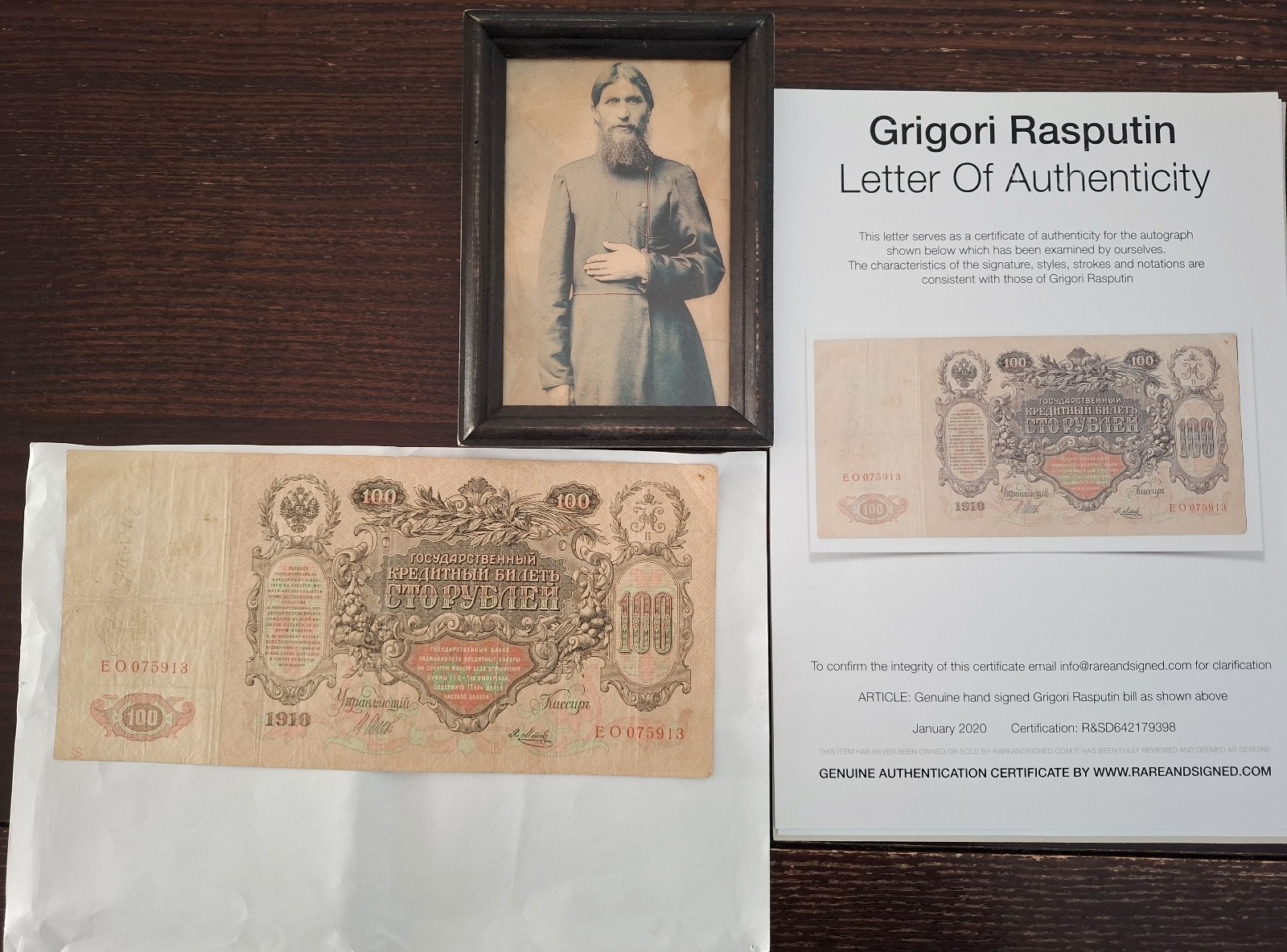 Imperial Russia 1910 handwritten signature / autograph by Grigory Rasputin & COA