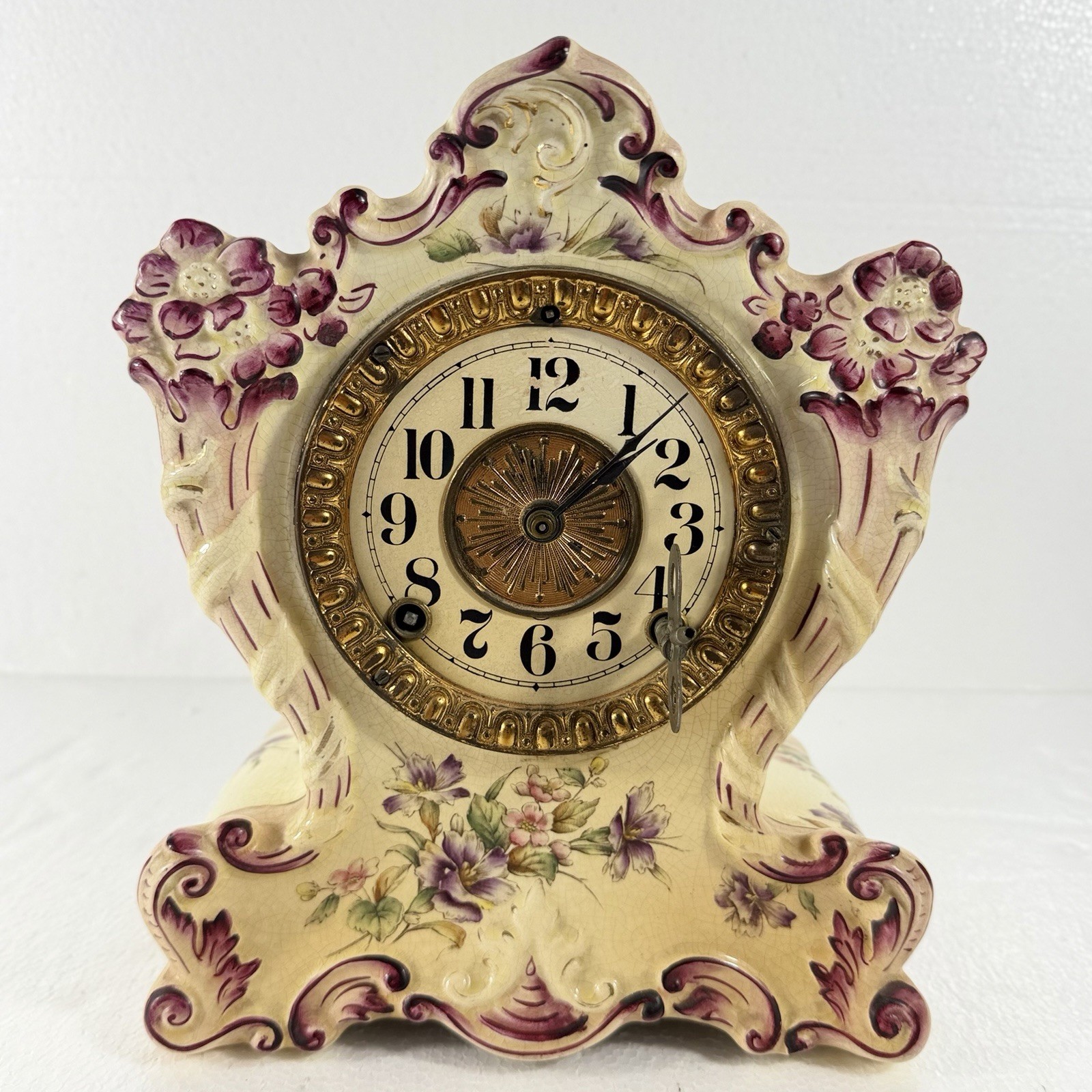Antique Ansonia Taponnac Porcelain Mantel Clock 1882 Floral Key Wind Chime Works
