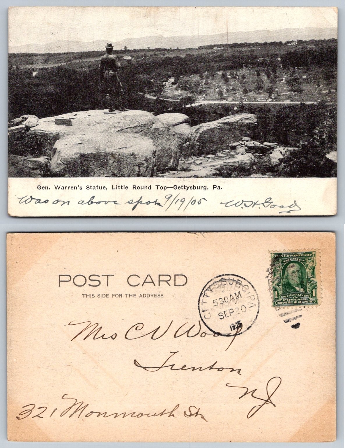 Gen. Warren\'s Statue Little Round Top Gettysburg PA RPPC 1905 Postcard