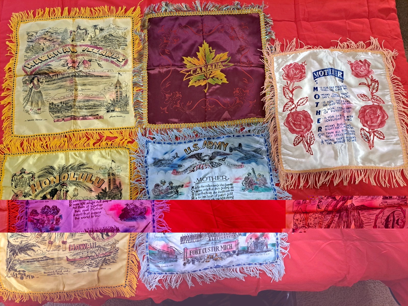 lot of 5 vintage handmade pillow souvenir shames mint condition silk & satin