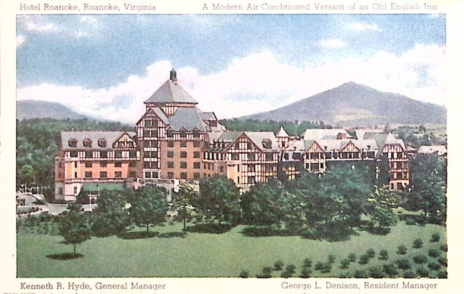 c1940s Vintage Hotel Roanoke Air-Conditioned English Style Inn Luggage Label