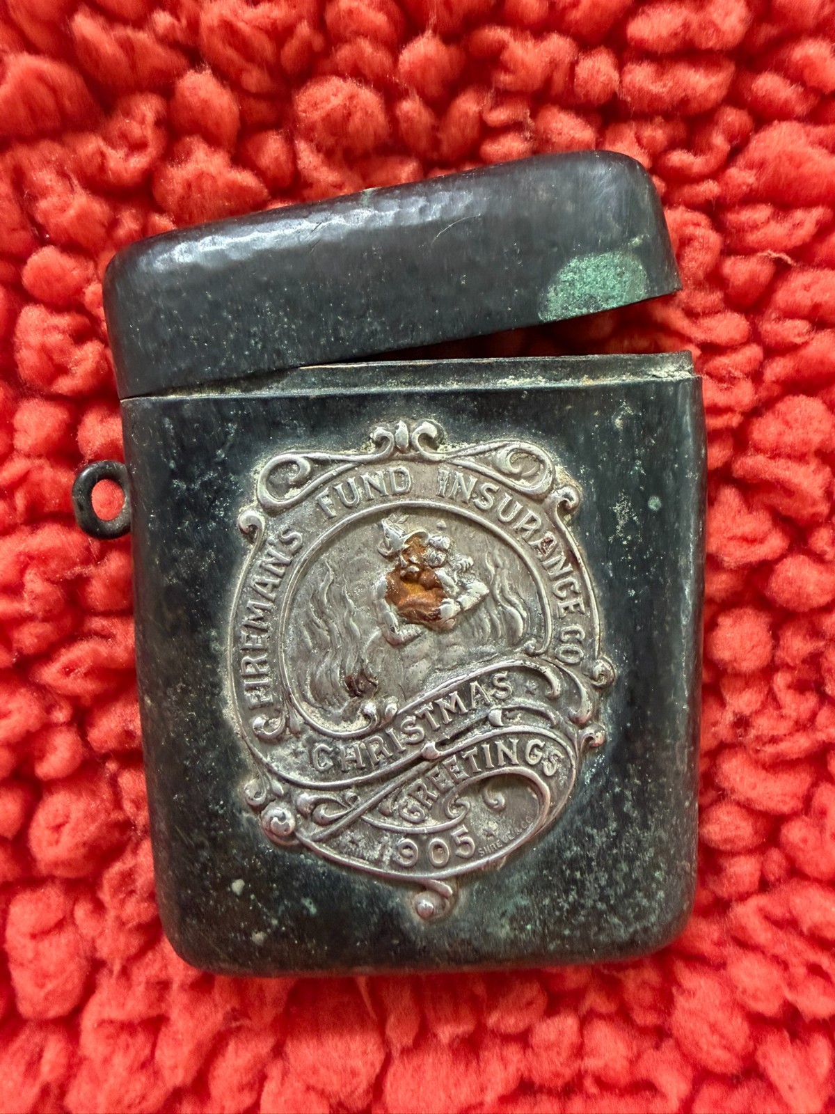 Fireman's Fund Insurance Christmas Geetings 1905 Match Safe Rare Bronze Silver 