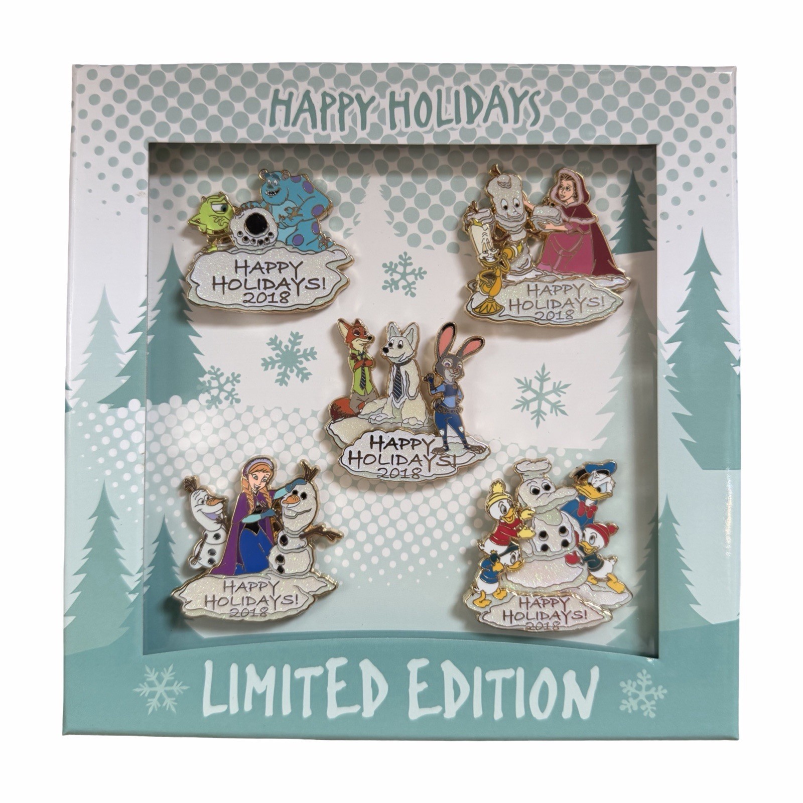 2018 Disney Parks Happy Holidays Pin Set - Zootopia, Frozen, Monsters, Inc. - LE