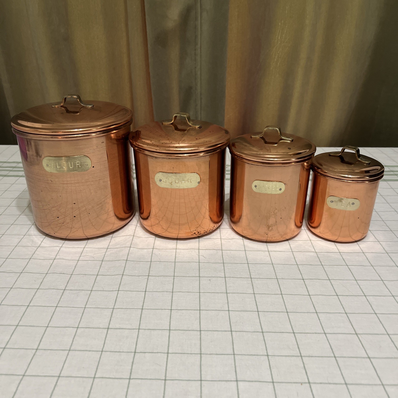 Vtg 4pc Copper Canister Set Brass Labels Stainless Steel Lining Nesting Korea