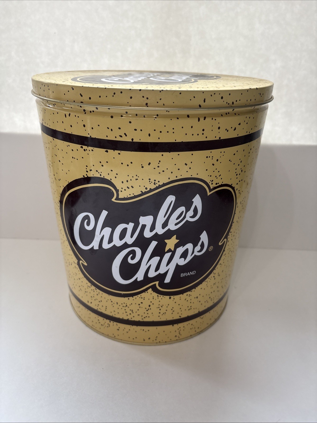 Vintage Charles Chips Round Metal Tin 16 Oz. Collectors Yellow and Brown