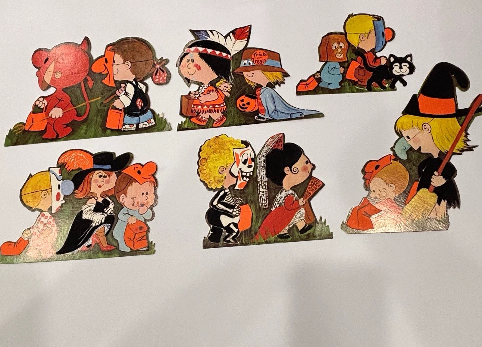 Vintage Original 1970 Halloween Die-Cut Cardboard Flocked Wall Décor Set of 6