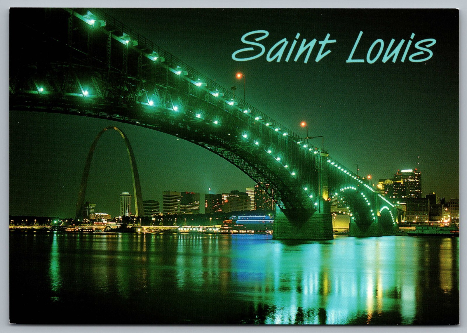 St Louis Missouri Eads Railroad Bridge Mississippi River Night Vtg Postcard C5