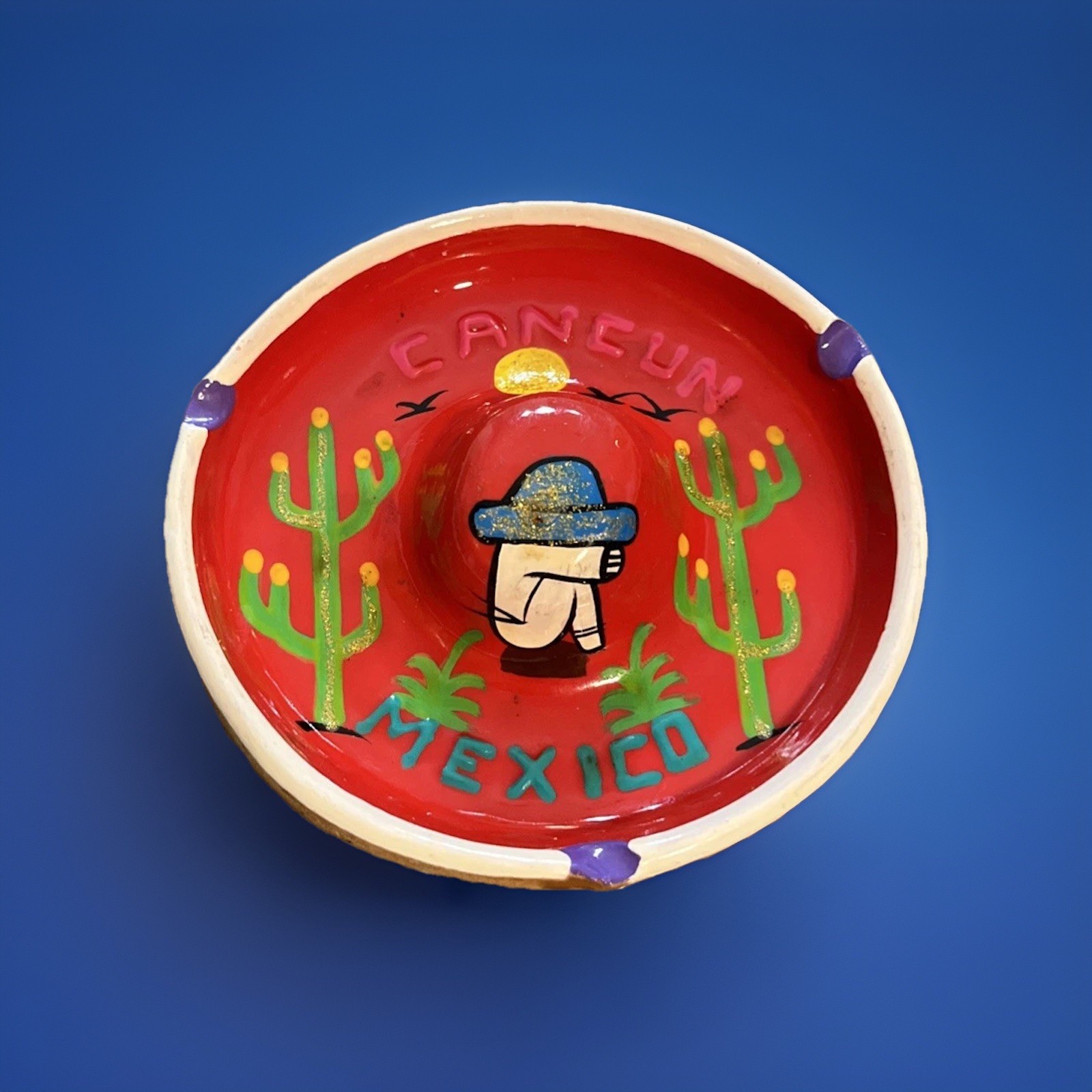 Vintage Sombrero Hat Ashtray CanCun Mexico Hand Painted Clay Pottery 