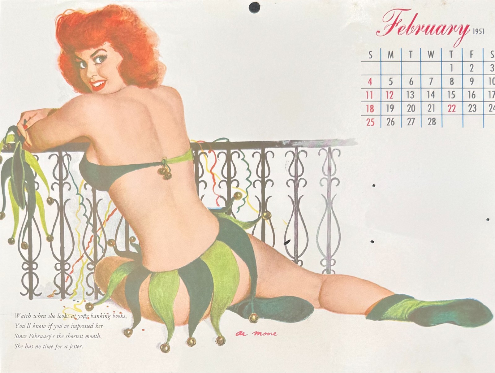 1951 Al Moore Pin-Up Calendar Page February Jester Girl Vintage 8.25 x 11