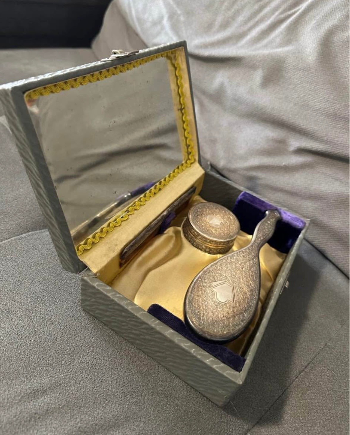 Vintage SILVER Grooming Set c. 1960s – Hand Mirror, Hairbrush, Comb & Box