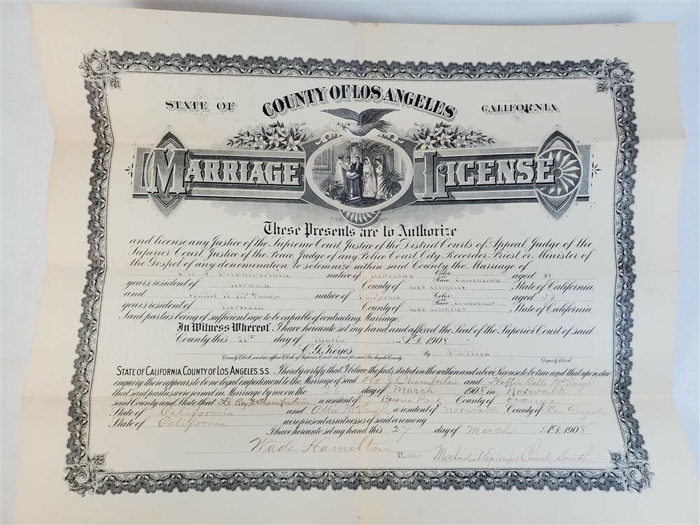 County of Los Angeles, California Marriage License March 27, 1908 Original Doc
