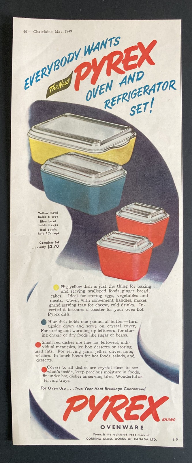 1949 CANADIAN AD CANADA MID CENTURY MODERN PYREX MULTI COLORS REFRIGERATOR SET