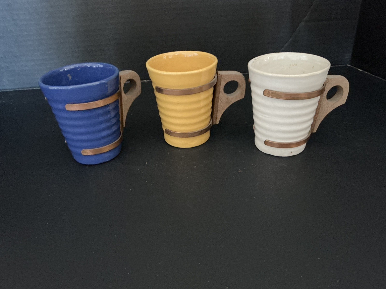 3 Vintage BAUER Pottery Ringware 6 oz tumbler wood & copper handles Cobalt Blue