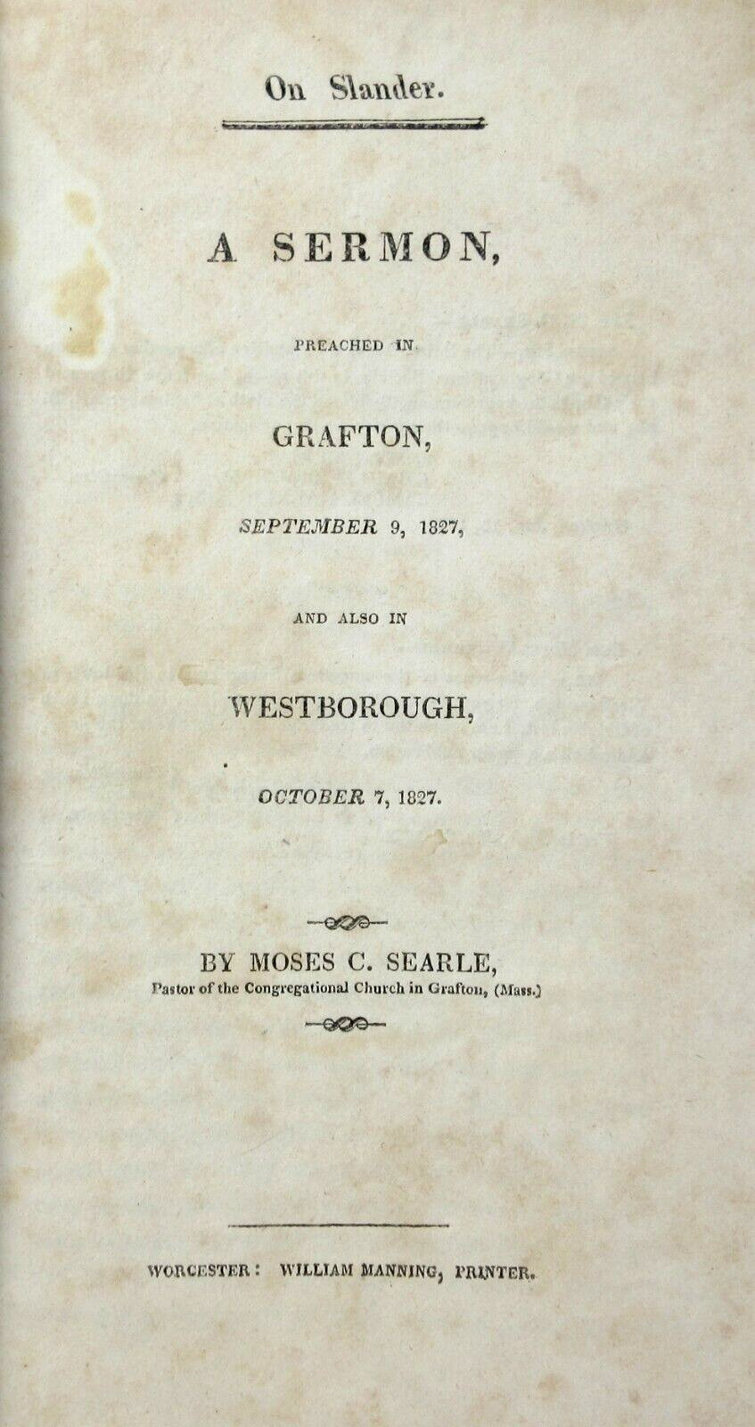 Grafton Massachusetts On Slander Sermon Moses Searle Congregational Church 1828