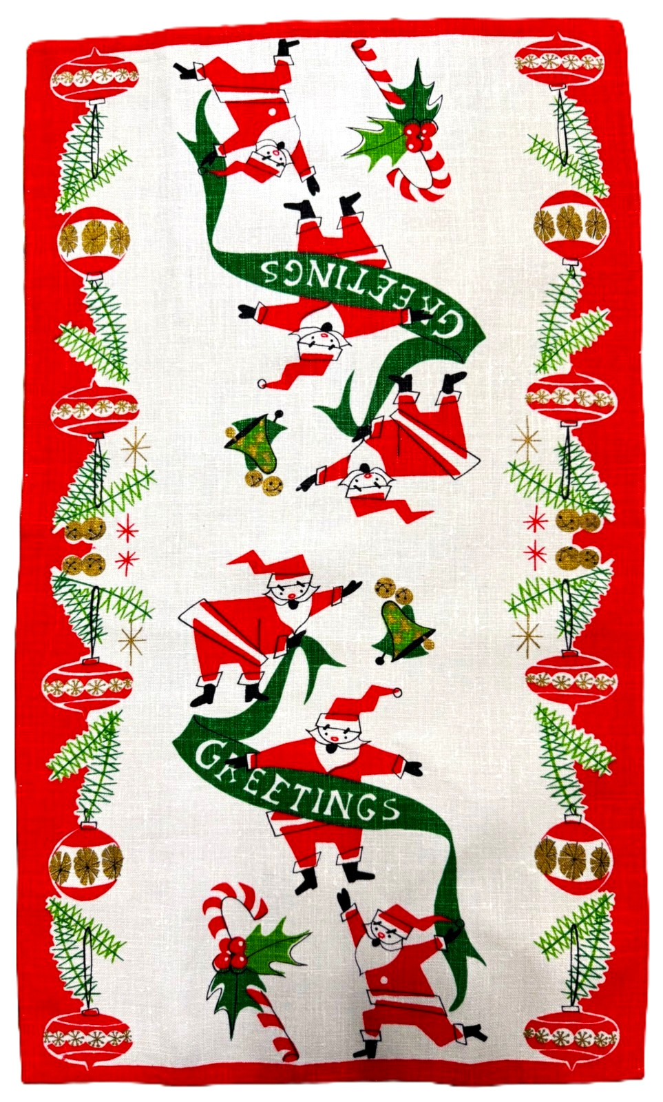 NWOT 40s 50s Linen Tea Towel ATOMIC SANTAS Shiny Brites NWOT 40s 50s Linen Tea Towel ATOMIC SANTAS Shiny Brites