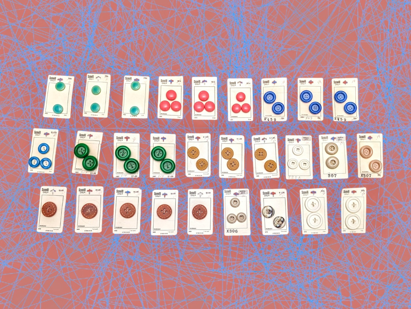 SCOVILL DRITZ Replacement Buttons Blue Green White Coral Brown Beige 28 Packs