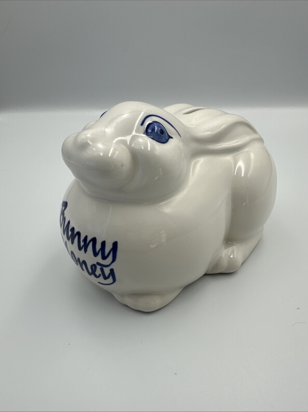 Vintage Stoneware Chubby Bunny Money Blue And White Coin Bank. Pristine