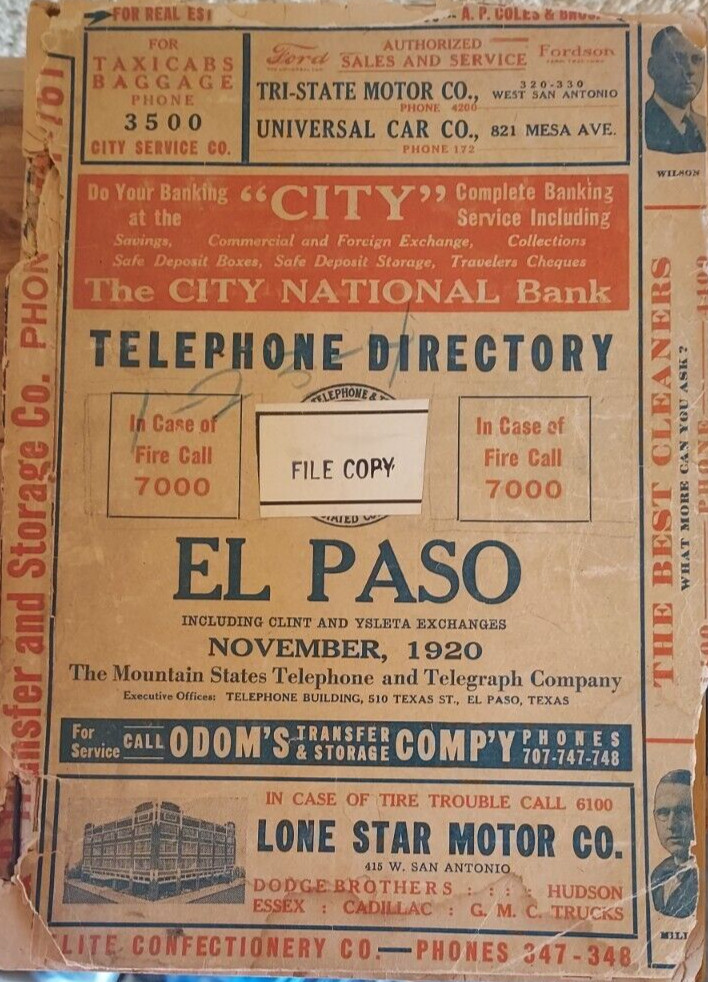 RARE - EL PASO  TEXAS Telephone Directory/Phone  1920  PULP PAPER 3-DIGIT ERA