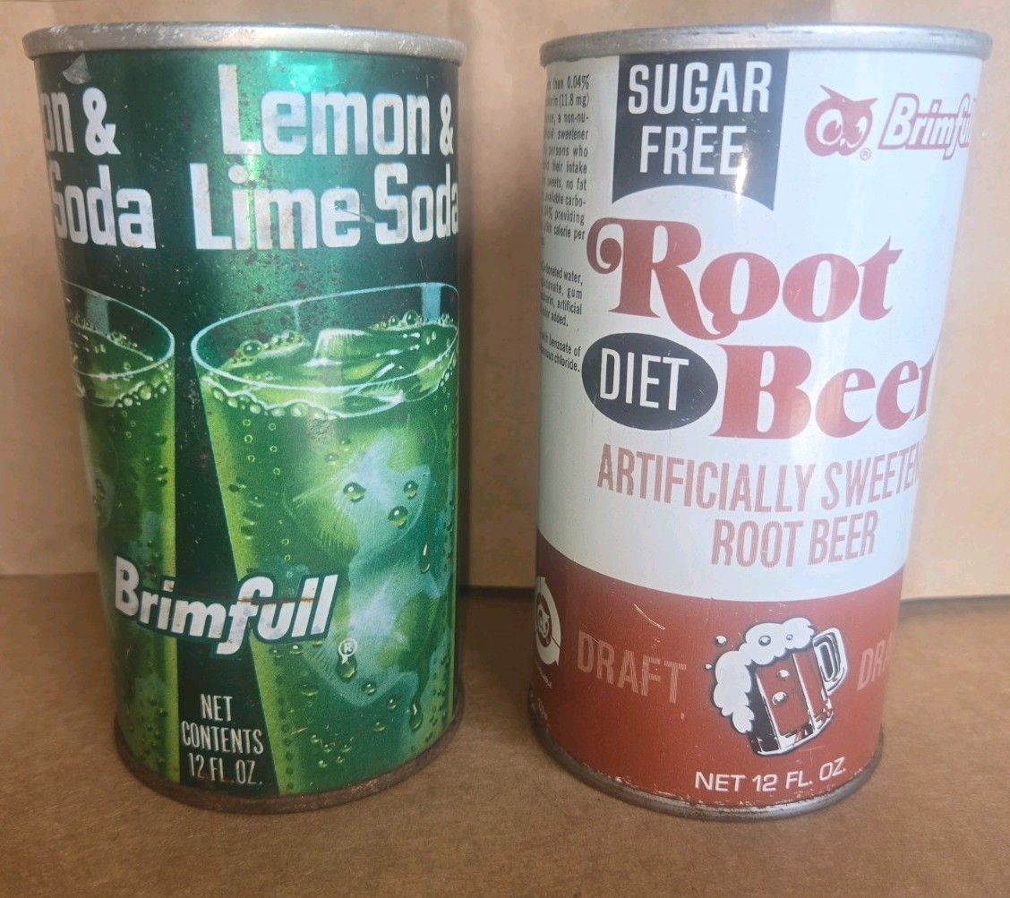 Vintage Brimfull Steel Soda Pop cans Lemon Lime and Diet Root Beer Empty