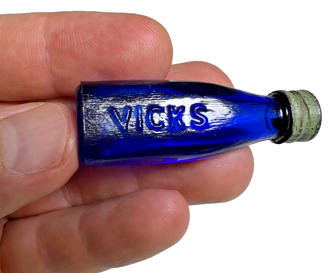 Antique 1930s Vicks Drops Miniature Cobalt Blue Medicine Sample Bottle Metal Cap