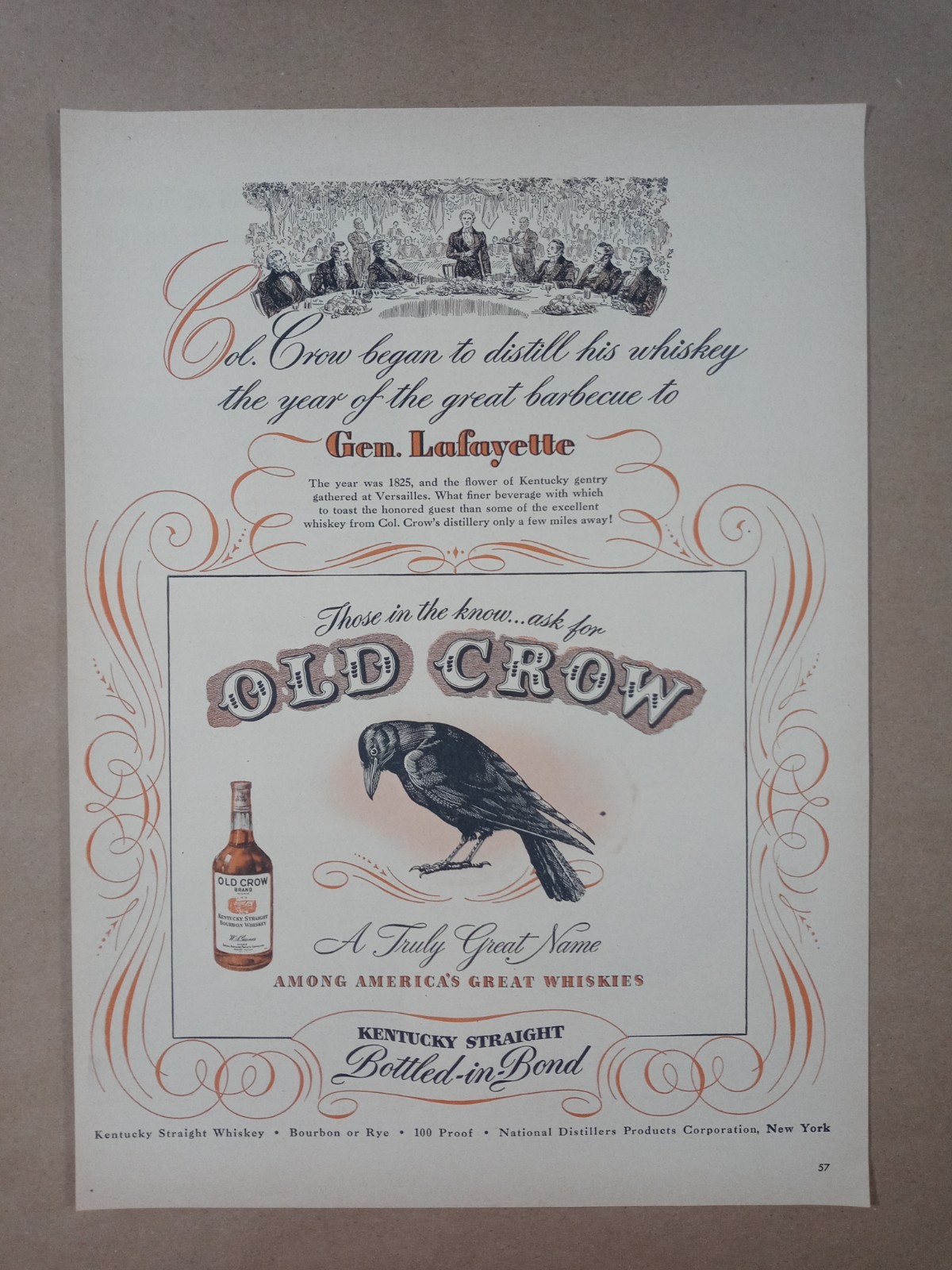 1940s OLD CROW Kentucky General Lafayette USA Military Vintage Poster Print Ad