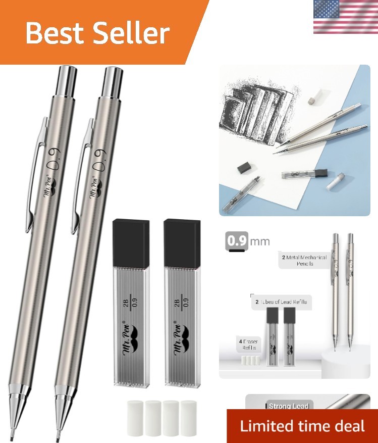 All-Metal 0.9mm Mechanical Pencil Set with Lead Refills - Perfect for Drafting