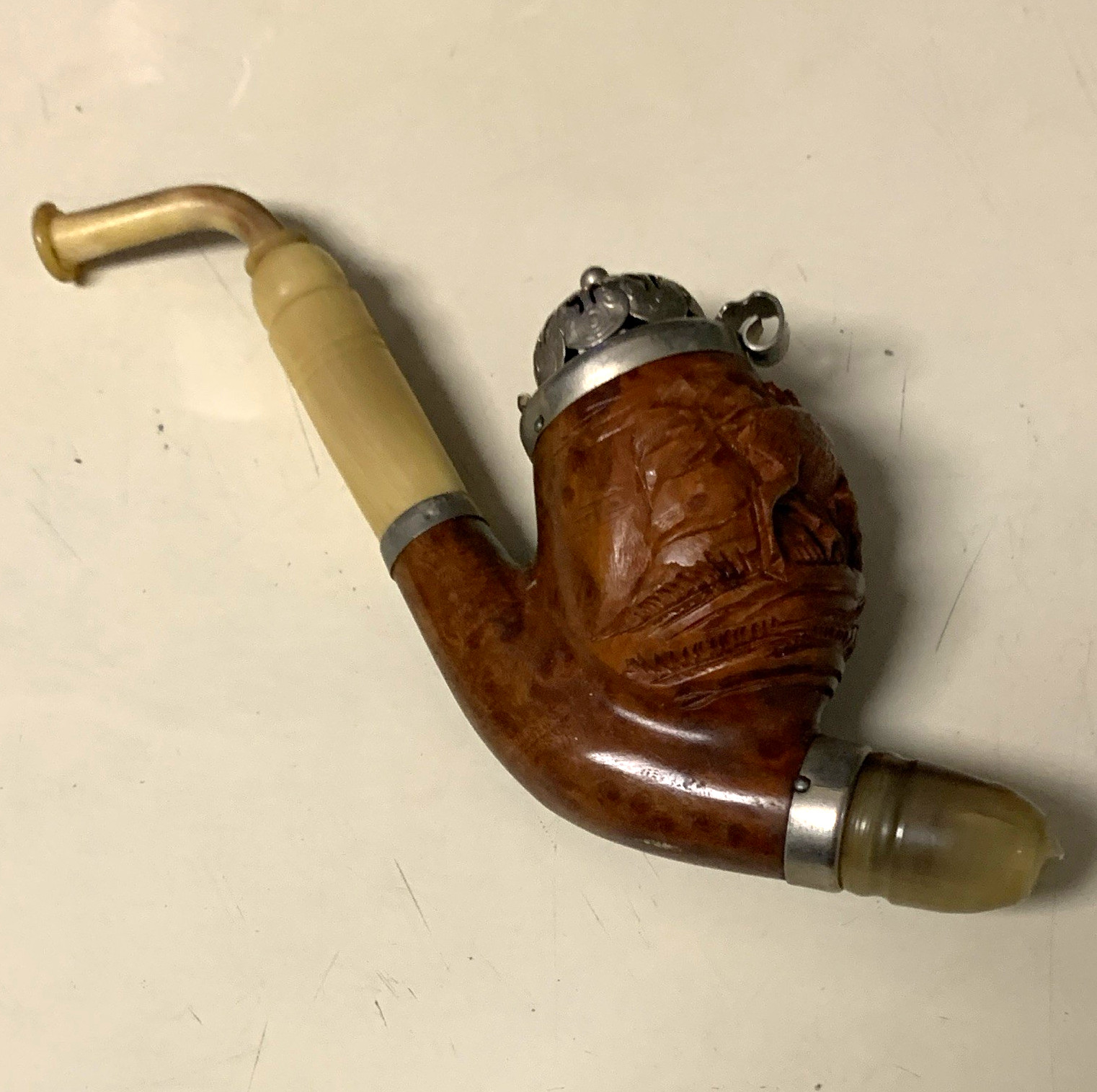 Carved Wood Tobacco Smoking Pipe, Metal Wind Cap, Amber Mouthpiece Brown/Beige