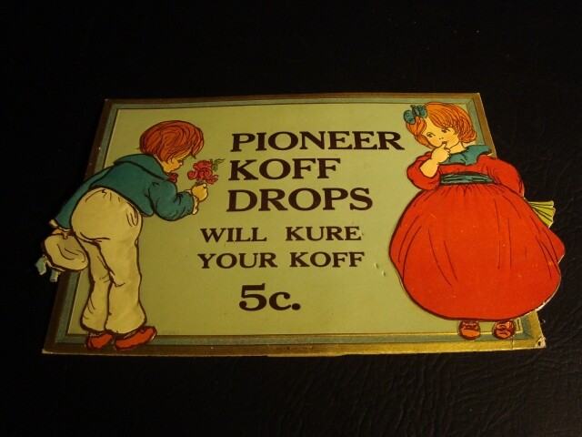 Circa 1920s Pioneer Koff Drops Embossed Cardboard Stand Up