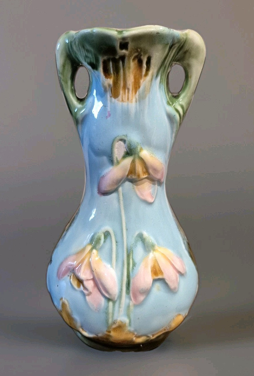 Antique Majolica Art Nouveau Sky Blue Vase with Pink Flowers # 6854 6