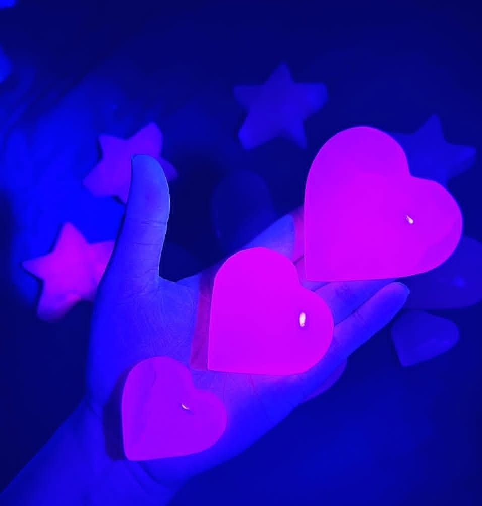 3 Pieces Pink Mangano Calcite Heart UV Reactive Glow Fluorescent 