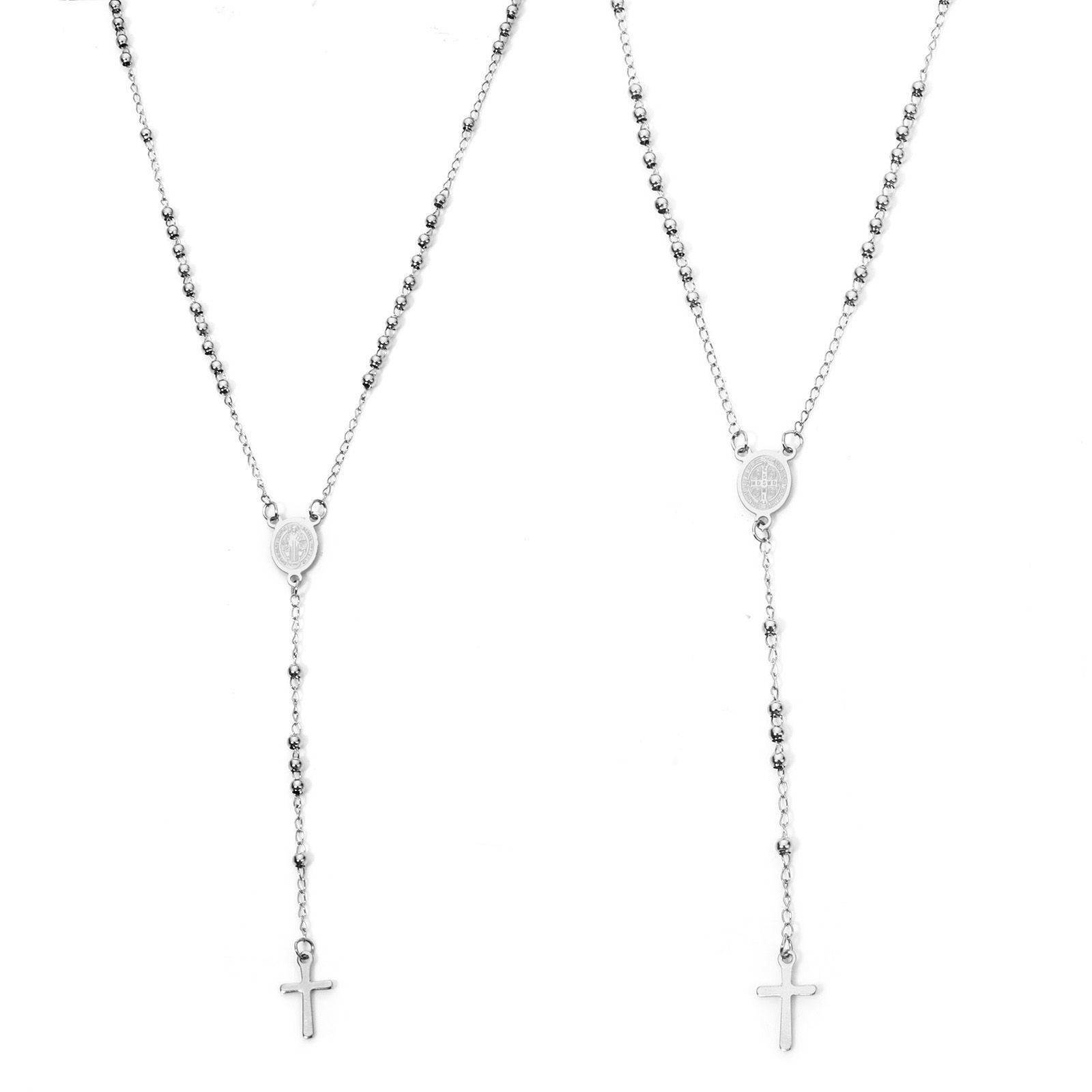 St. Benedict  52cm (20.5 in)  Stainless Steel dainty Silver Rosary Necklace