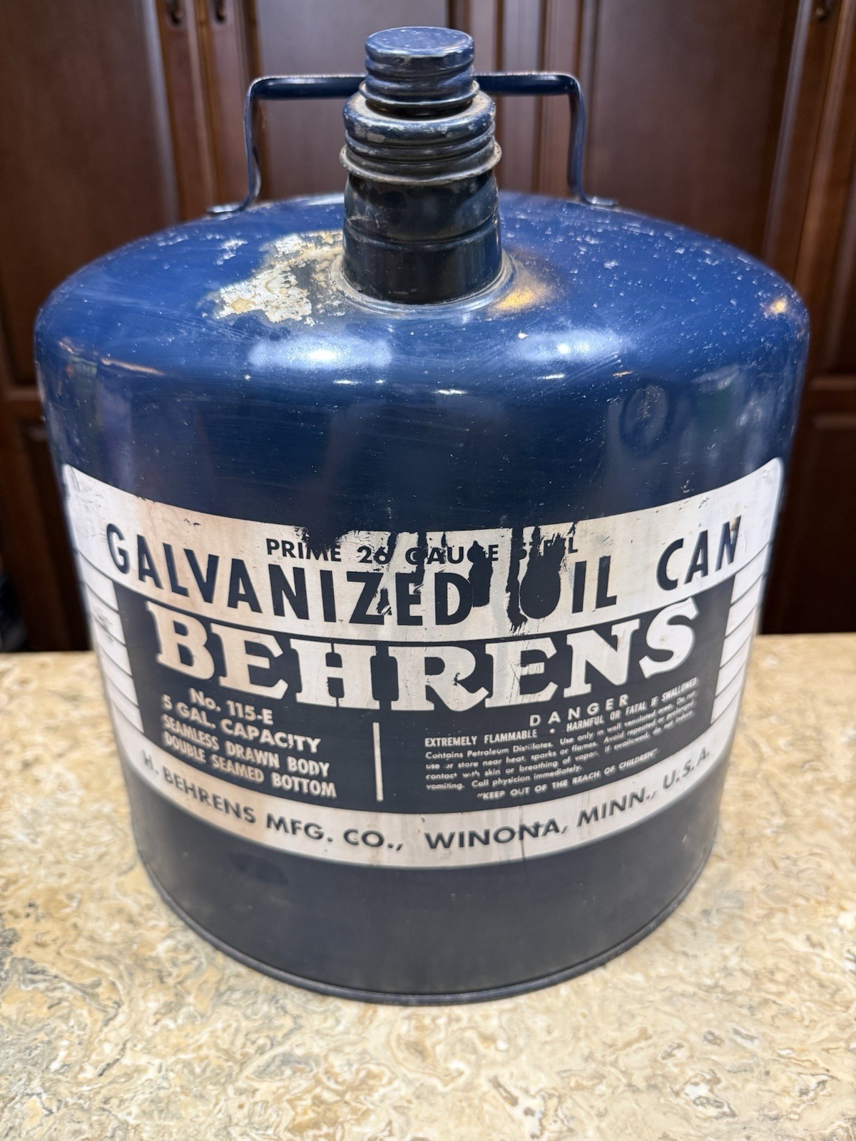 Vintage Behrens Galvanized Gas Oil Can 5 Gallon blue No. 115-E Clean Inside