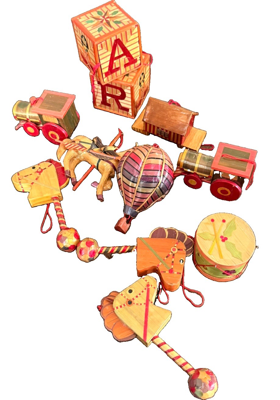 Vintage Handmade Ornaments Hobby Horse Balloon Train Boxes Made of Wheat Stalks