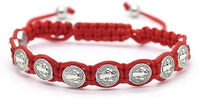 Red St Saint Benedict Adjustable Cord Bracelet Medal Silver Tone 8