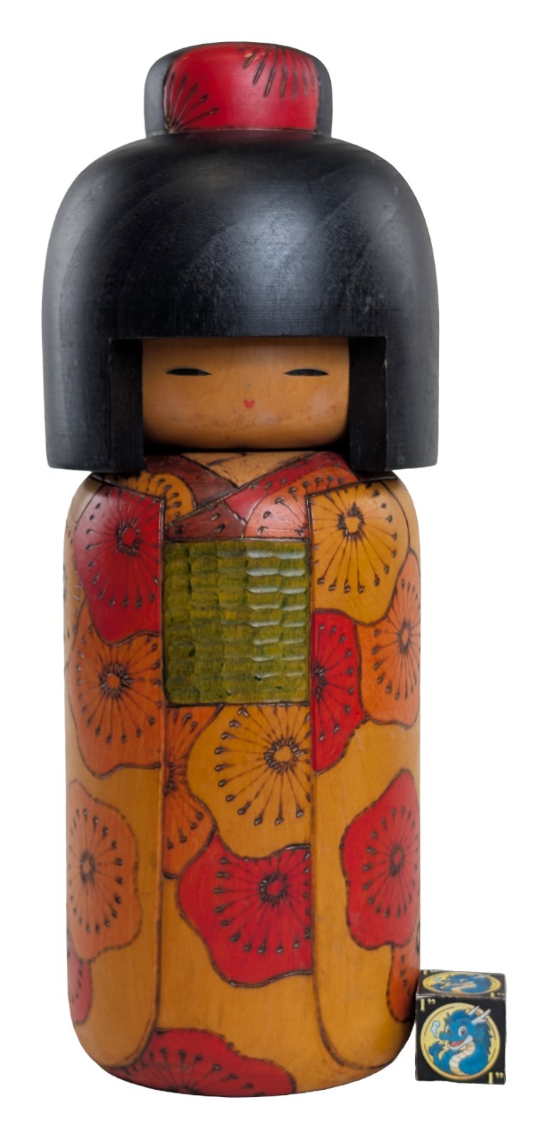 Large Creative Kokeshi Doll w/ Orange Kimono Design by Tomidokor Fumio. 30cm 12\