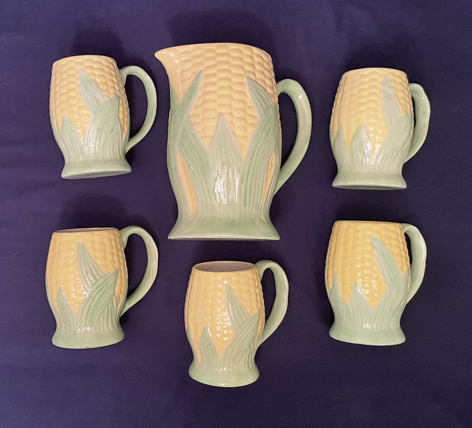Corn Cob Ear Pitcher & Matching Mugs, Ceramic Pottery. Preowned Good Condition