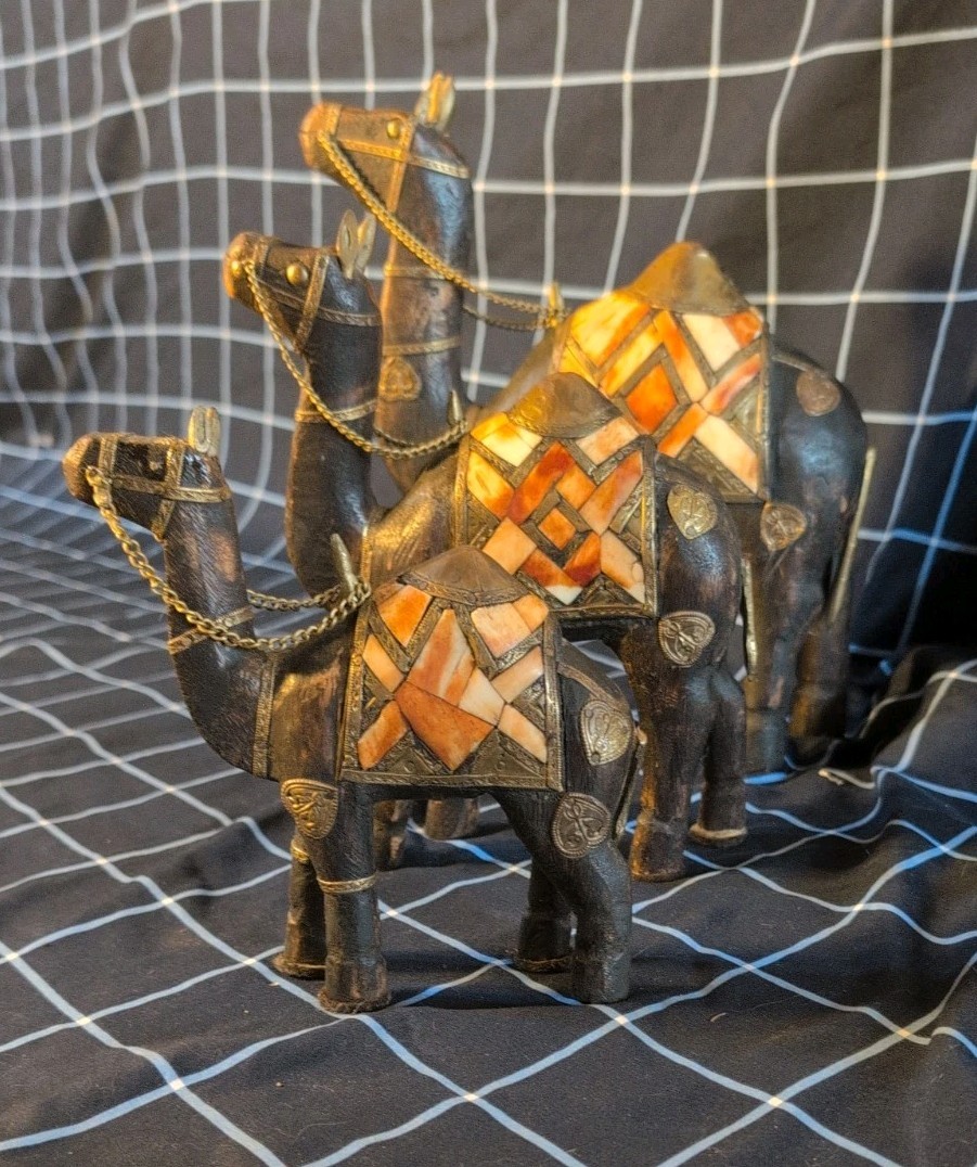 Set of 3 Vintage Camel Figurines Handmade with Inlay & Brass, Indian Folk Art Set of 3 Vintage Camel Figurines Handmade with Inlay & Brass, Indian Folk Art