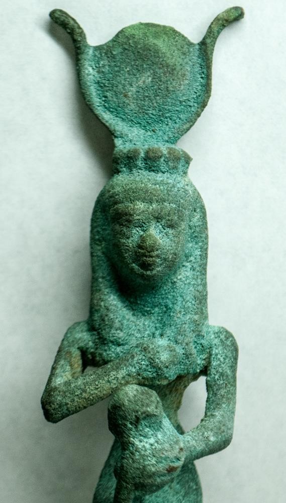 Egyptian Goddess Seated Isis Nursing Son Horus Bronze Figure Statue Green Patina