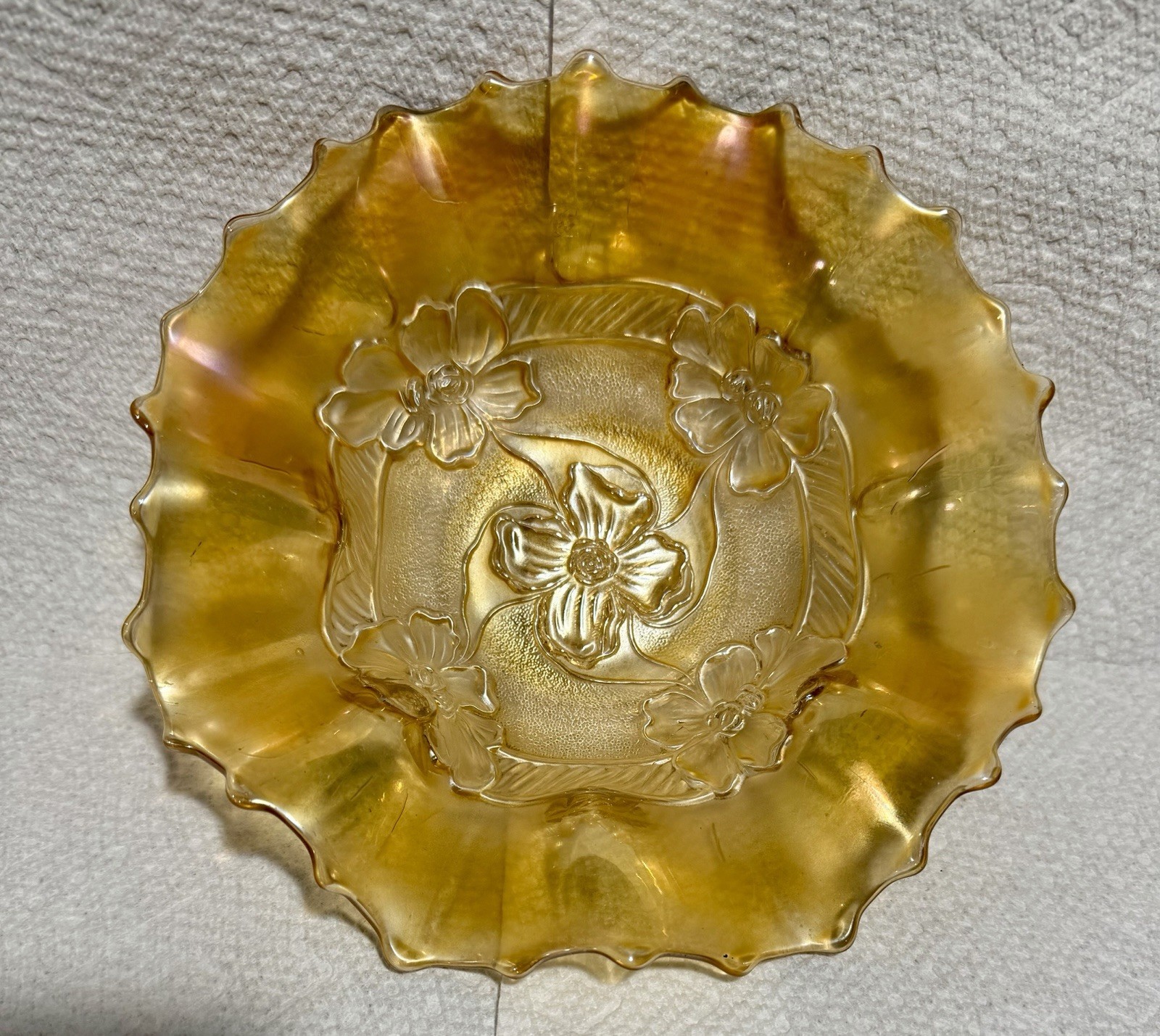 Antique Iridescent Marigold Dugan Carnival Glass Apple Blossom Ruffle Dish Bowl