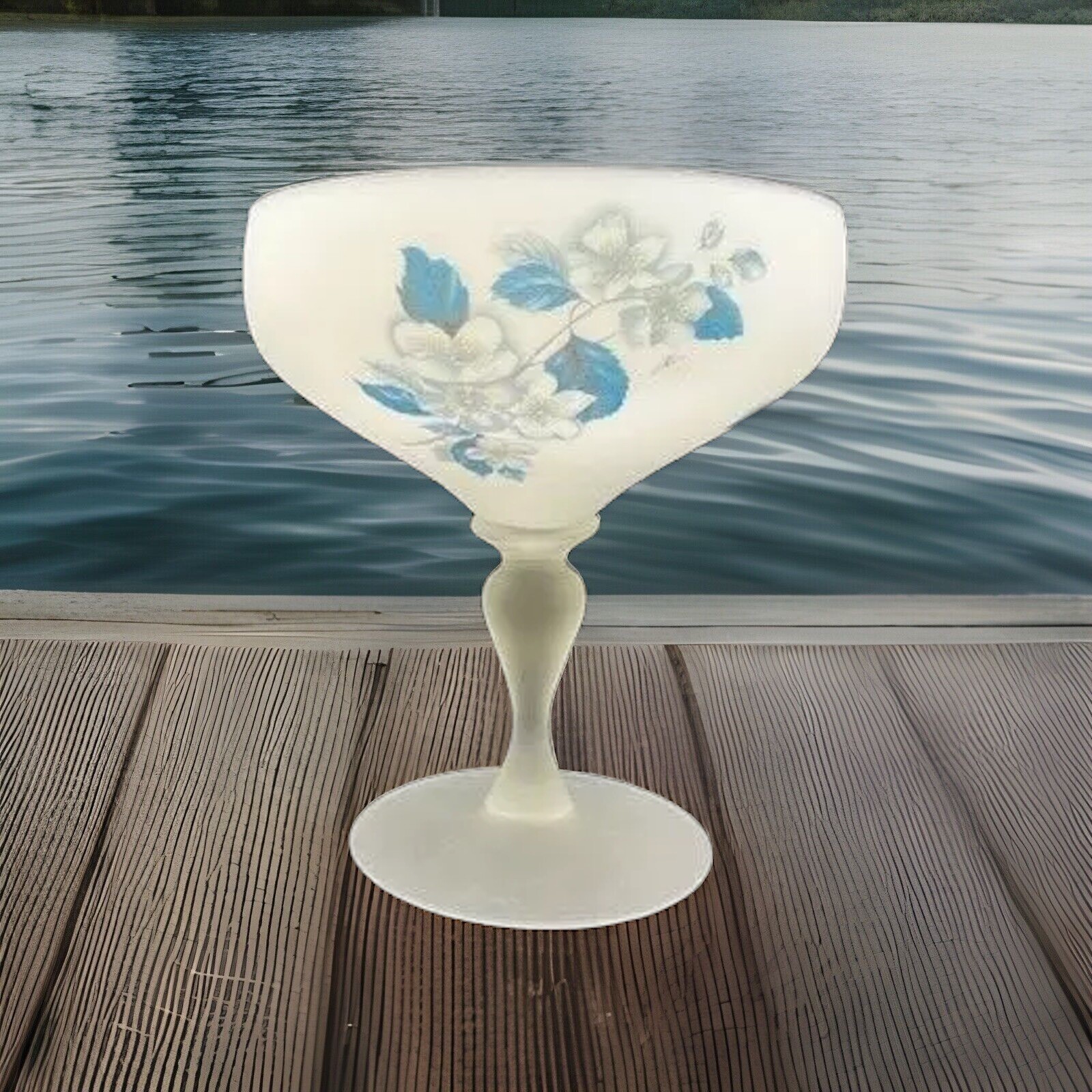 Vtg. Large White Satin Glass Candy Dish Hand painted Blue Floral 9.5\